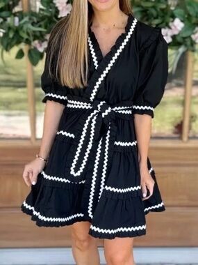 Black Tiered Wrap Dress with White Trim